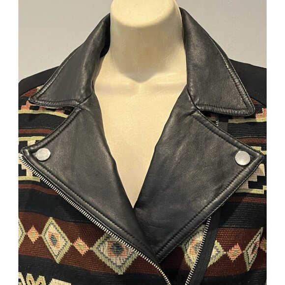 Zara Black Genuine Leather Aztec Southwestern Tapestry Boho Moto Zip Jacket - Picture 11 of 15